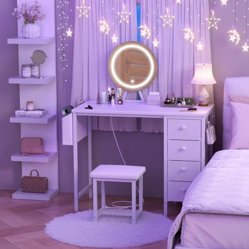 Gold Vanity Desk with Mirror and Light and Chair E519