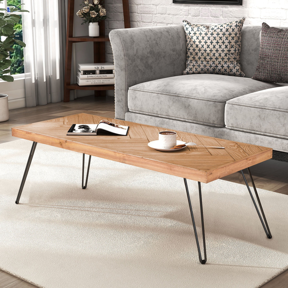 Modern Coffee Table with Chevron Pattern and Metal Hairpin Legs C59563