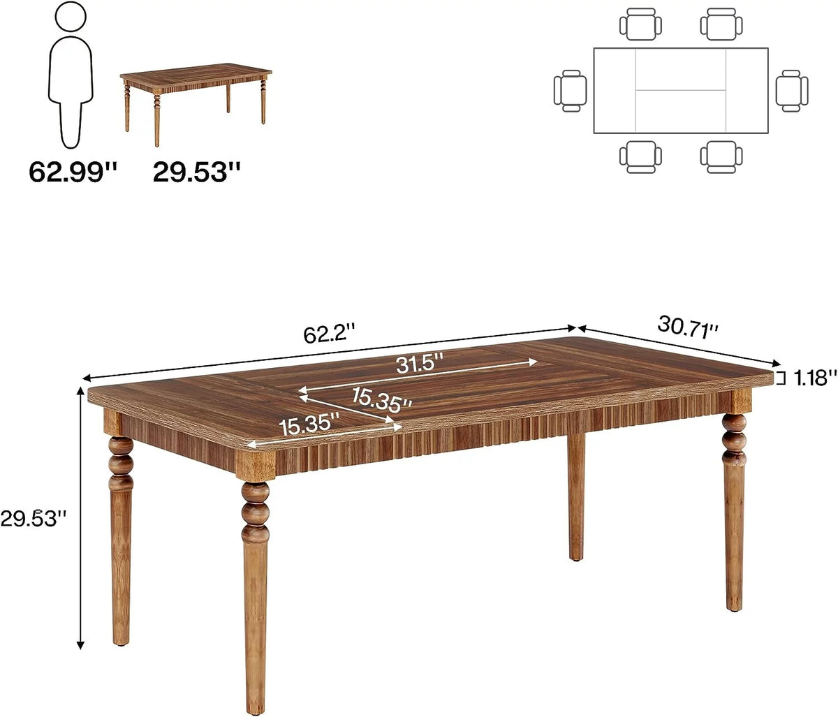 63-inch Farmhouse Dining Table with Solid Wood Turned Legs R701530