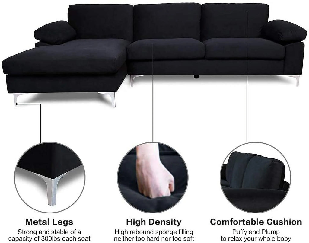 Black Velvet L-Shaped Sectional Sofa with Metal Legs X779296