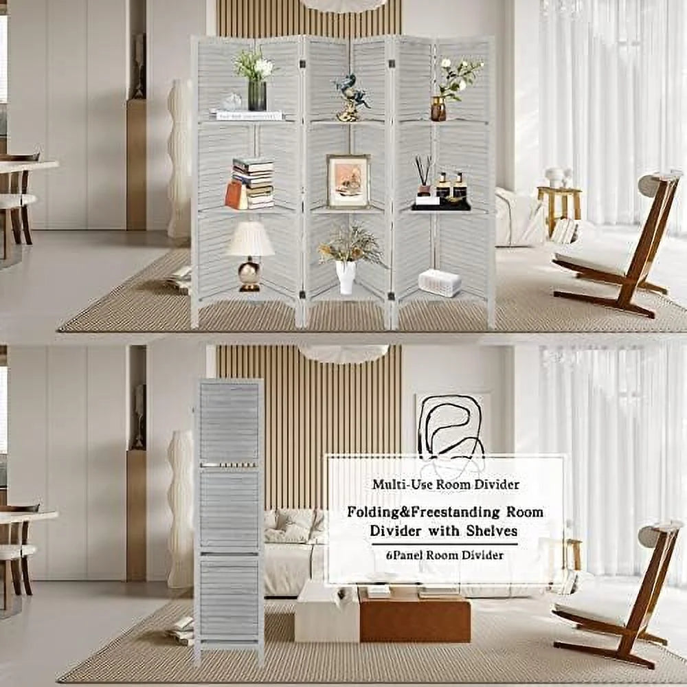Wood 4 Panel Room Divider with Shelves A2026