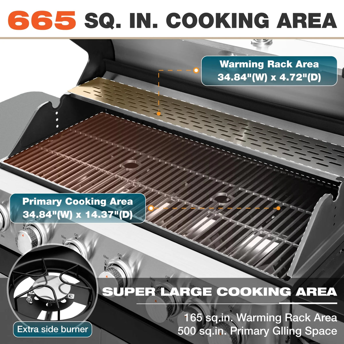 6 Burner Propane Gas Grill with Side Burner Stainless Steel B374