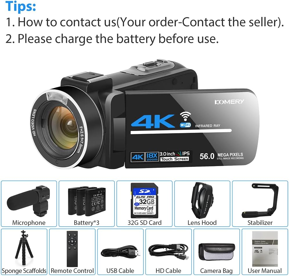 4K 56MP UHD Camcorder with IR Night Vision 18X Digital Zoom Q169