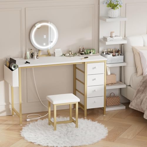 Gold Vanity Desk with Mirror and Light and Chair E519