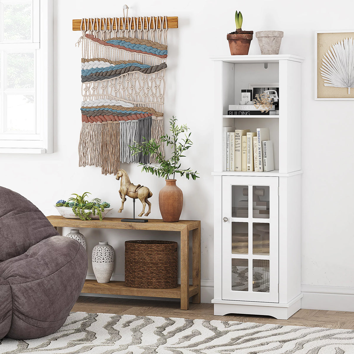 White Tall Narrow Storage Cabinet with Glass Doors E6706