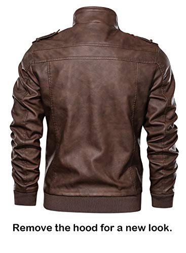 Stand Collar Faux Leather Zip-Up Bomber Jacket with Removable Hood P8827