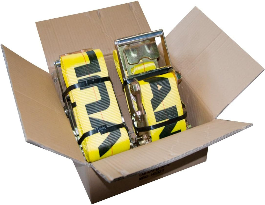 Ratchet Strap with Flat Hooks, 4 Inch x 27 Foot, 2 Pack, Yellow V606262
