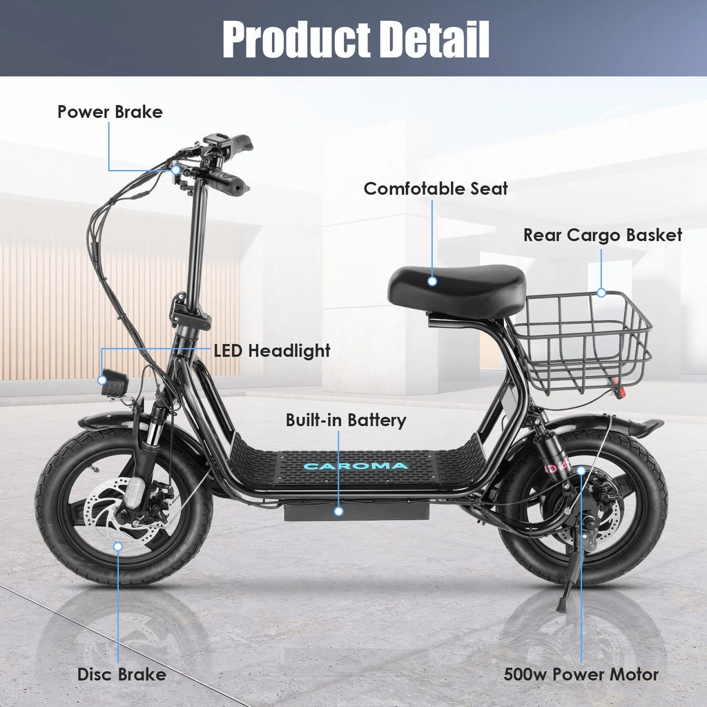 48V 500W Adults Electric Scooter with Removable Seat, 14" Off-road Pneumatic Tires, 20 MPH Max, 30 Miles Range, 350lbs Weight Limit, Black L2327