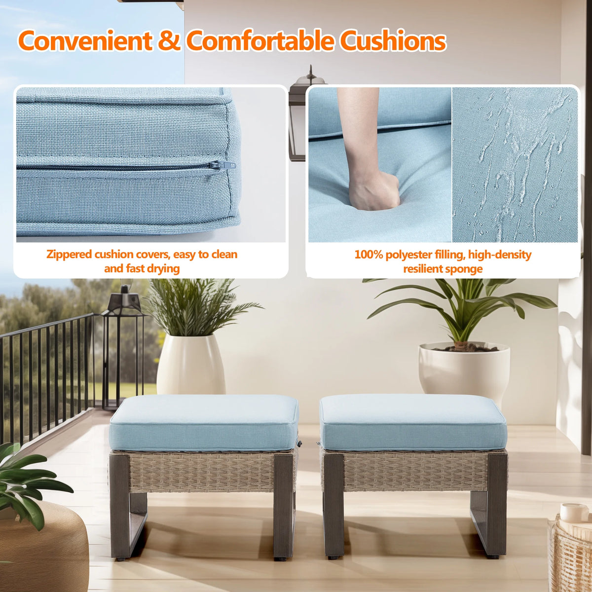 2-Piece PE Rattan Ottomans with Removable Cushions B913