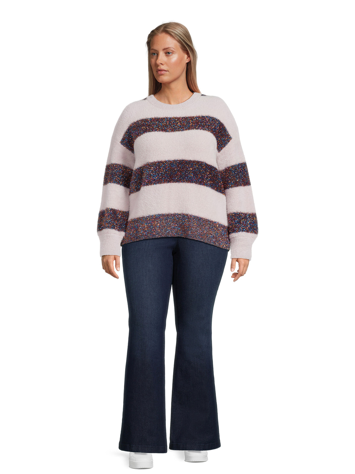 Metallic Stripe Pullover Sweater with Long Sleeves C292
