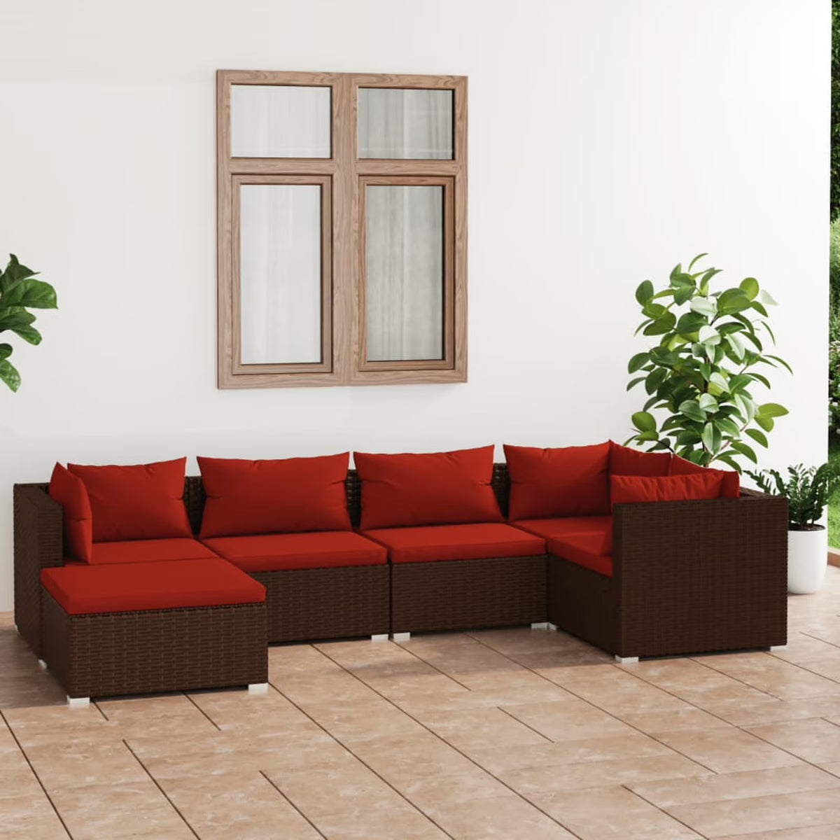 6 Piece Poly Rattan Brown Outdoor Sectional Sofa Set with Red Cushions F892