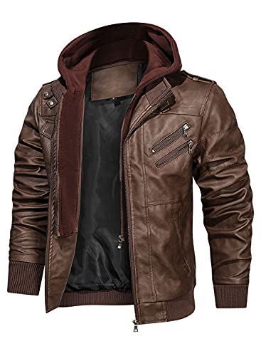 Stand Collar Faux Leather Zip-Up Bomber Jacket with Removable Hood P8827