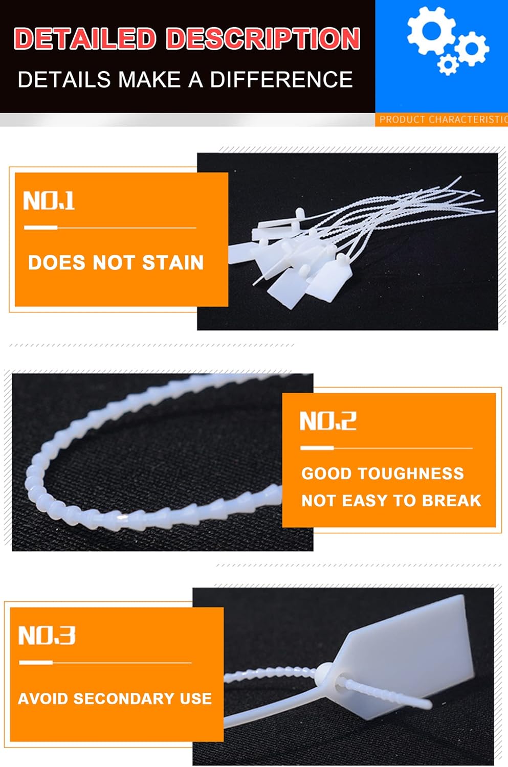 Plastic Security Seals Tamper Tags Disposable Numbered 9.84" Length White Pack of 500 O458985