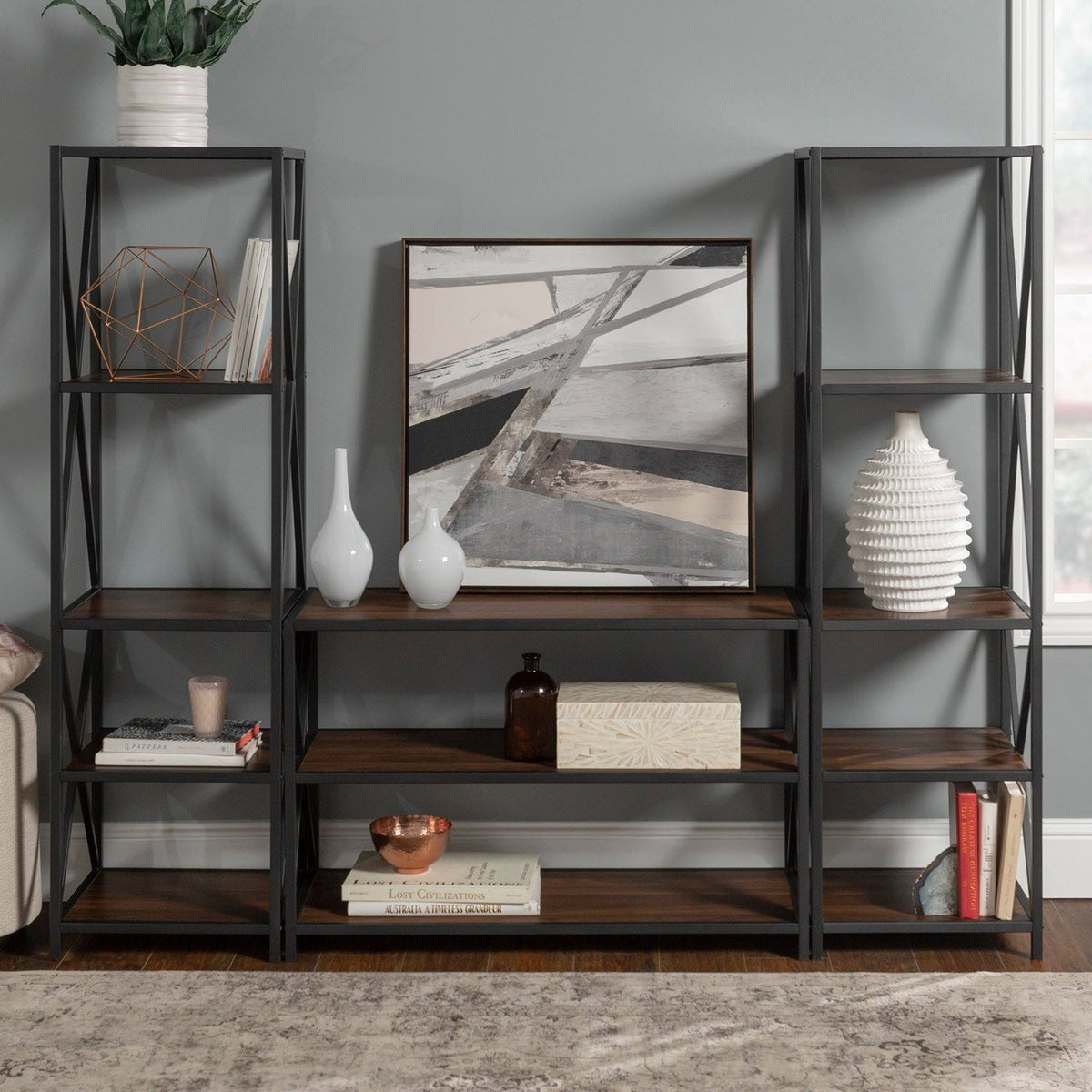 3-Piece X-Frame Entertainment Wall - Dark Walnut / Black Metal X382621
