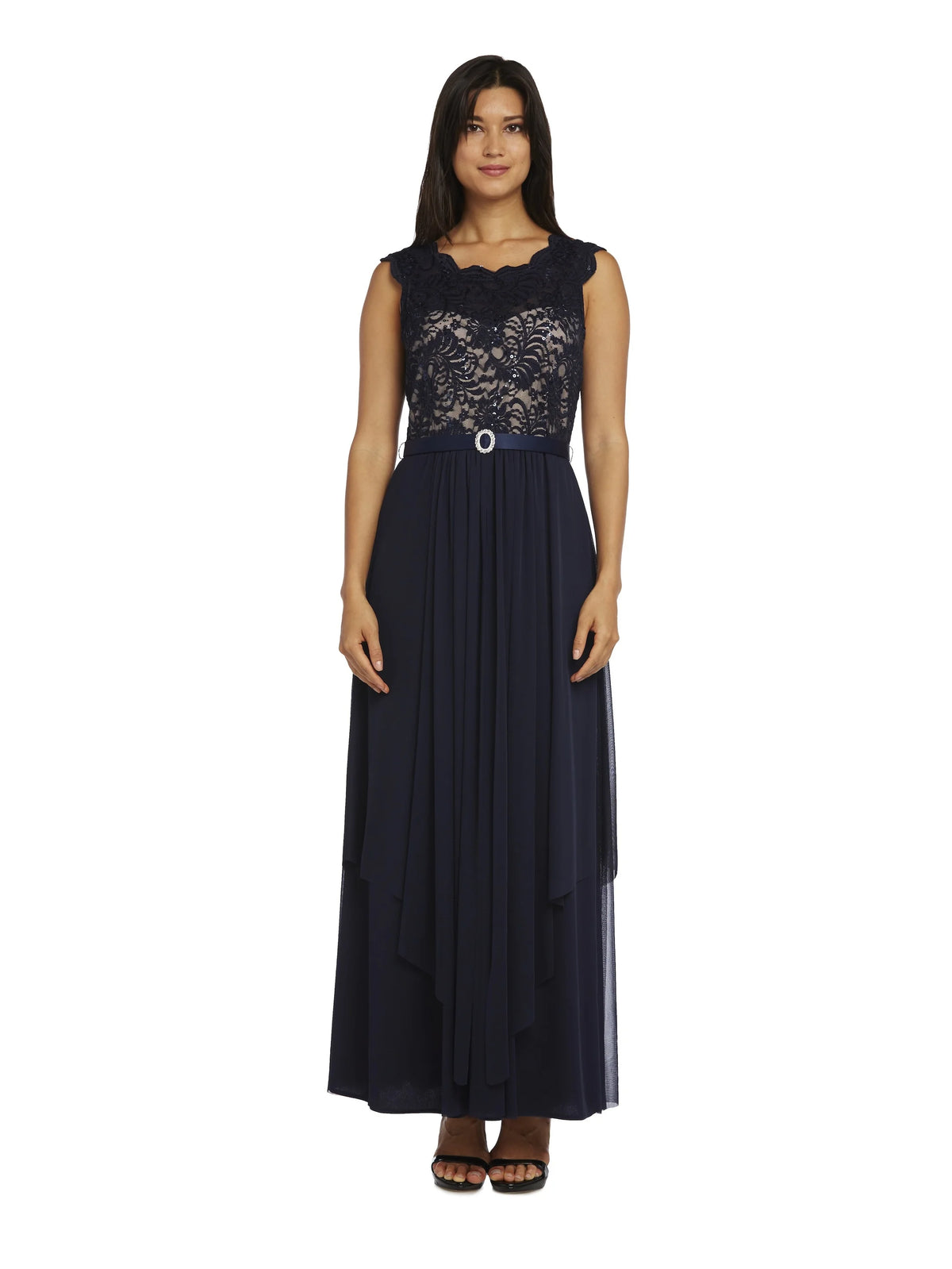 Navy/Taupe Sequin Lace Embroidered A-line Dress N3072