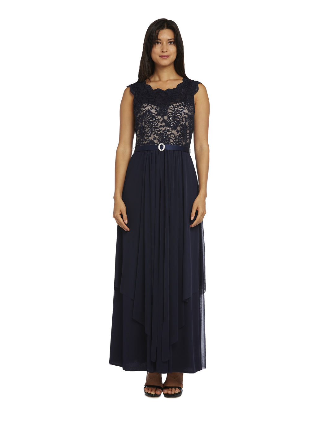 Navy/Taupe Sequin Lace Embroidered A-line Dress N3072