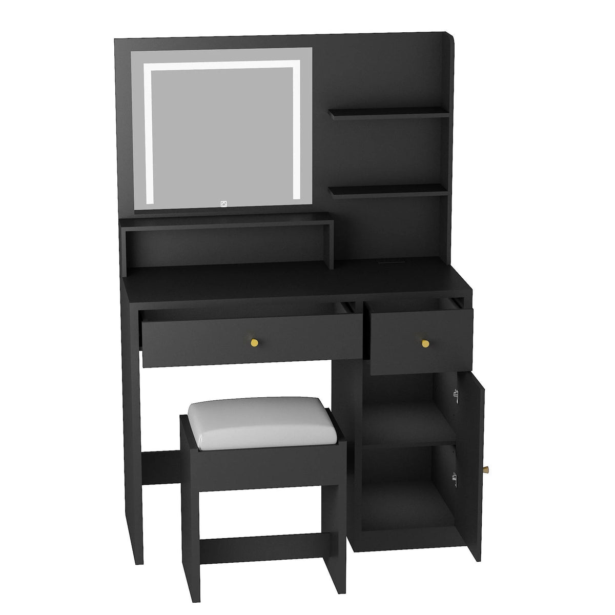 Black Vanity Desk Set with LED Light Mirror and Stool Z899965