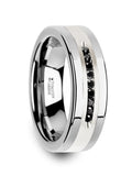 Flat Tungsten Wedding Band with Brushed Silver Inlay and Black Diamonds - 8mm K389370