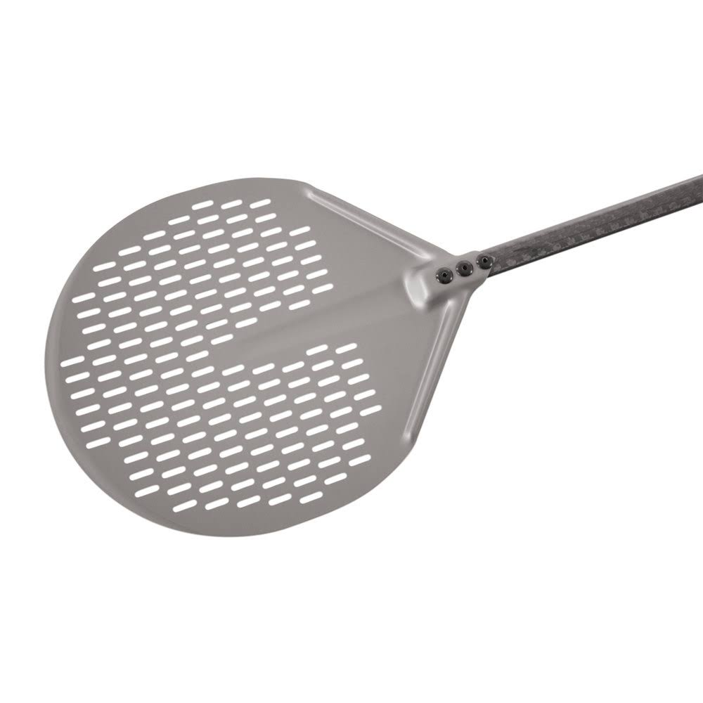 Carbon 16x22 Anodized Aluminum Round Perforated Pizza Peel with Handle A921