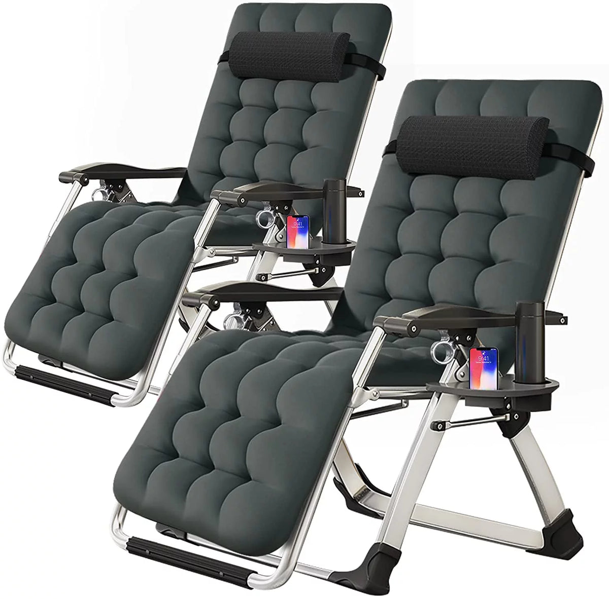 Zero Gravity Chair Set of 2 Gray Folding Recliner with Pillows and Cup Holder L525095