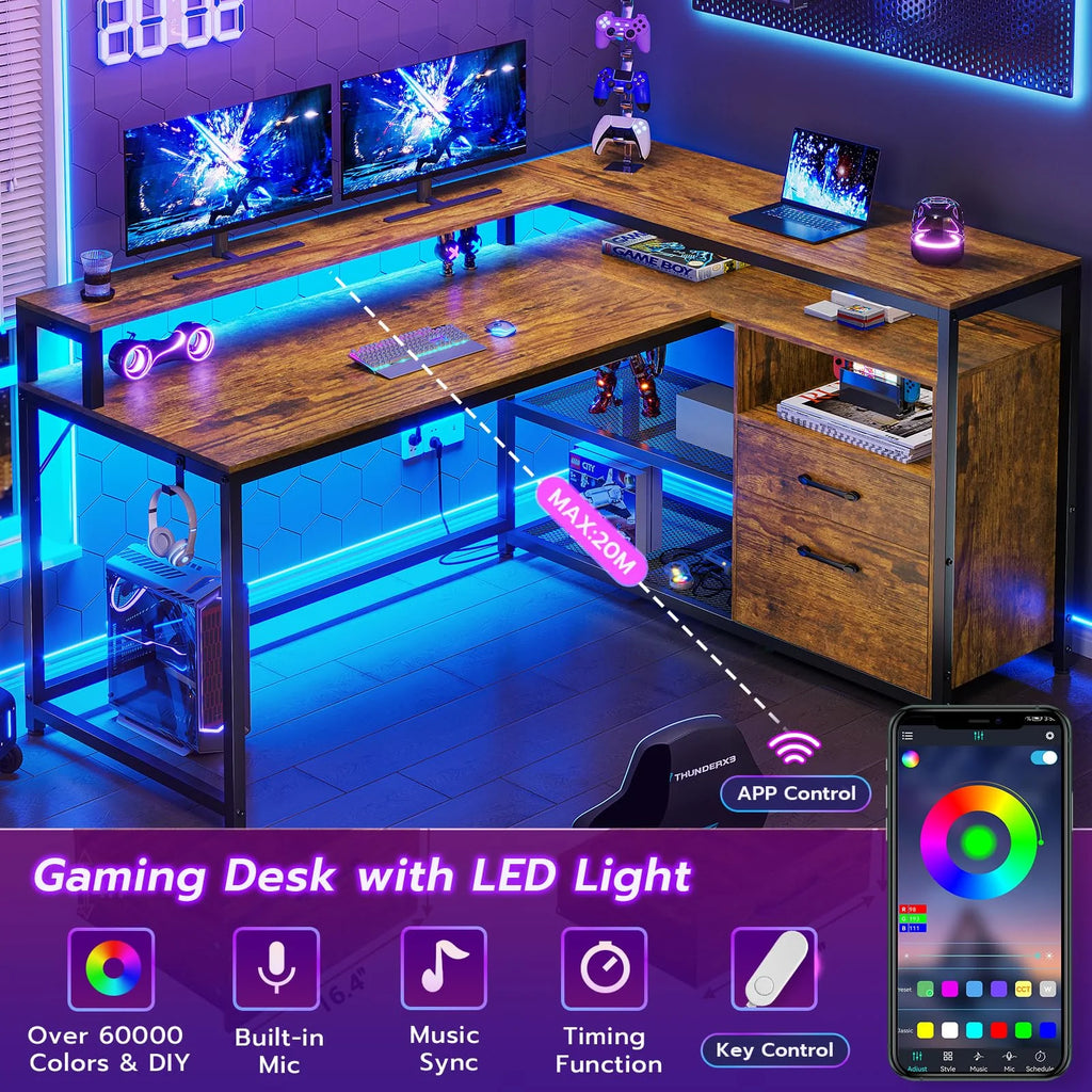 Brown L Shaped Computer Desk with LED Lights and 2 Drawers Q97173