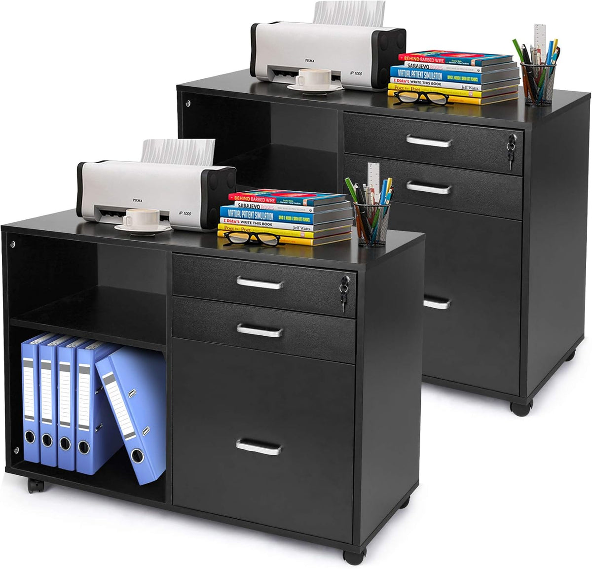 Black 3-Drawer Mobile Lateral Filing Cabinet with Rolling Lock E624