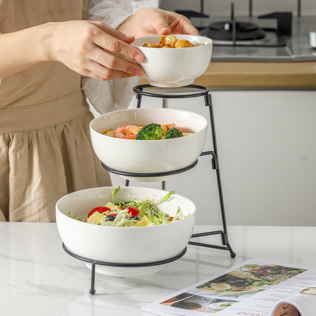 3 Tier Ceramic Serving Bowl Set with Metal Rack C16290