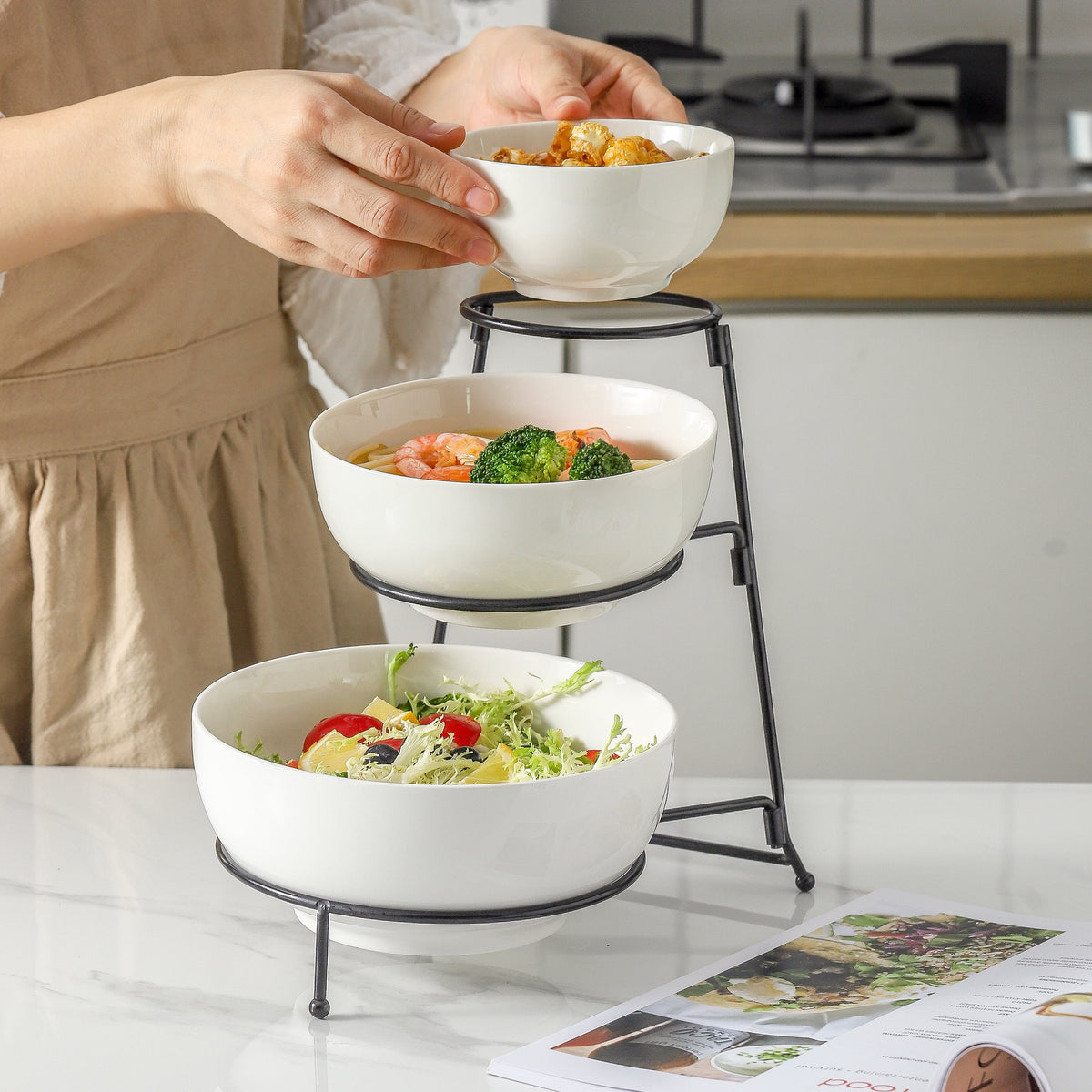 3 Tier Ceramic Serving Bowl Set with Metal Rack C16290