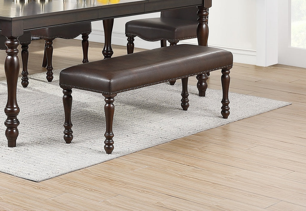 Cherry Finish Faux Leather 1X Bench Rubber Wood Foam Cushion Carved Legs W544