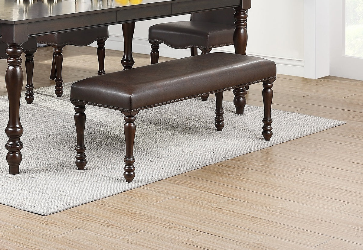 Cherry Finish Faux Leather 1X Bench Rubber Wood Foam Cushion Carved Legs W544