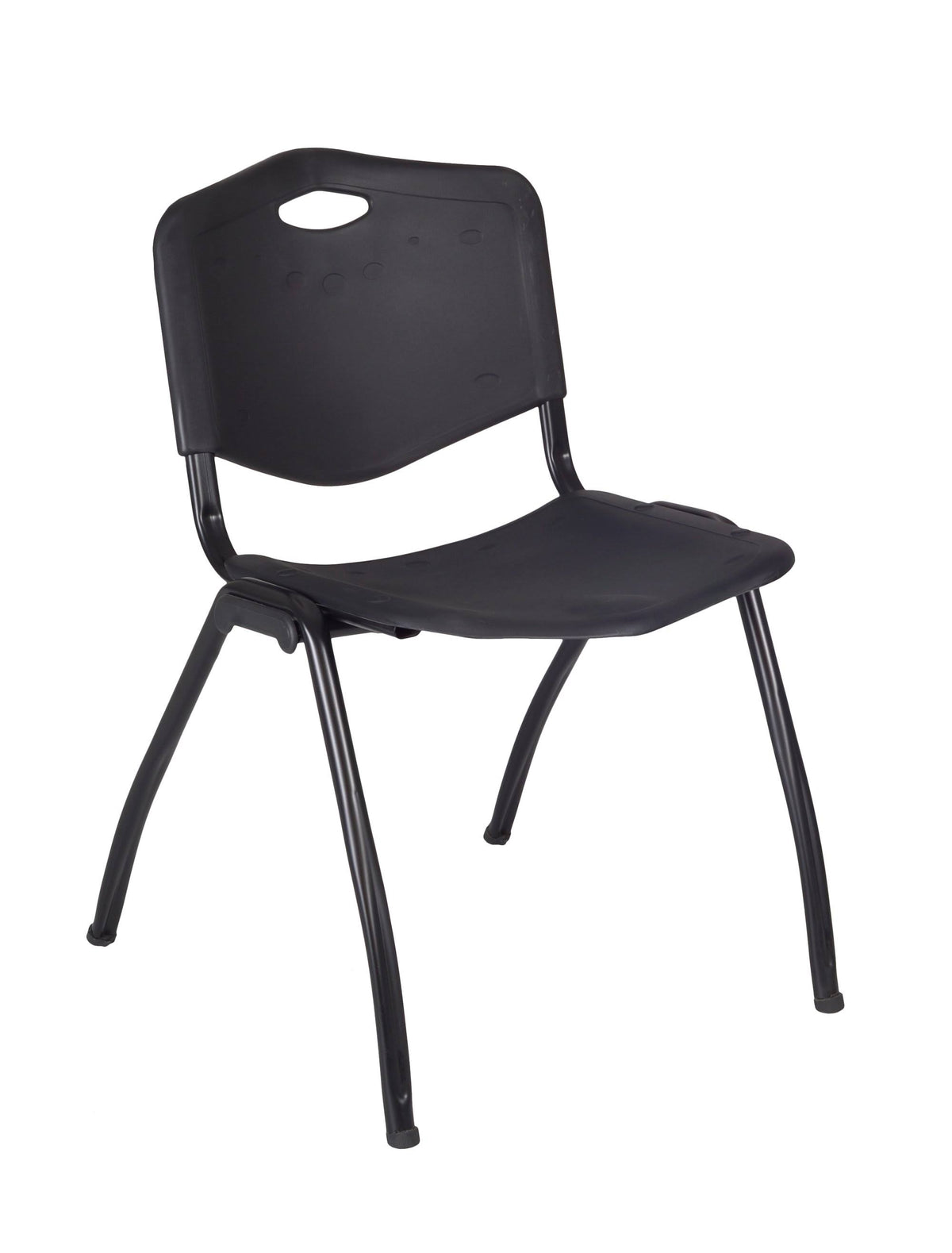 Mocha Walnut Round Breakroom Table with 4 Black Stack Chairs Q2256
