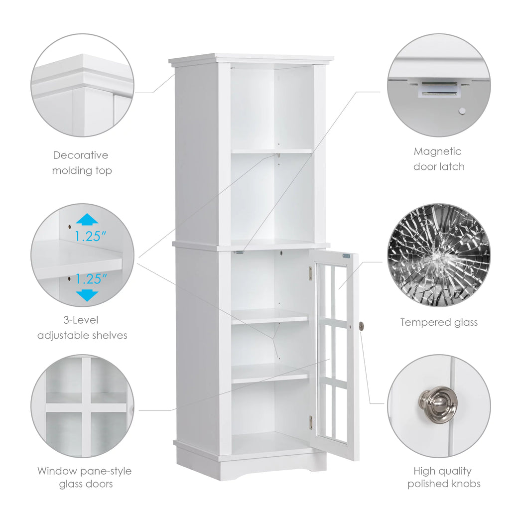 White Tall Narrow Storage Cabinet with Glass Doors E6706