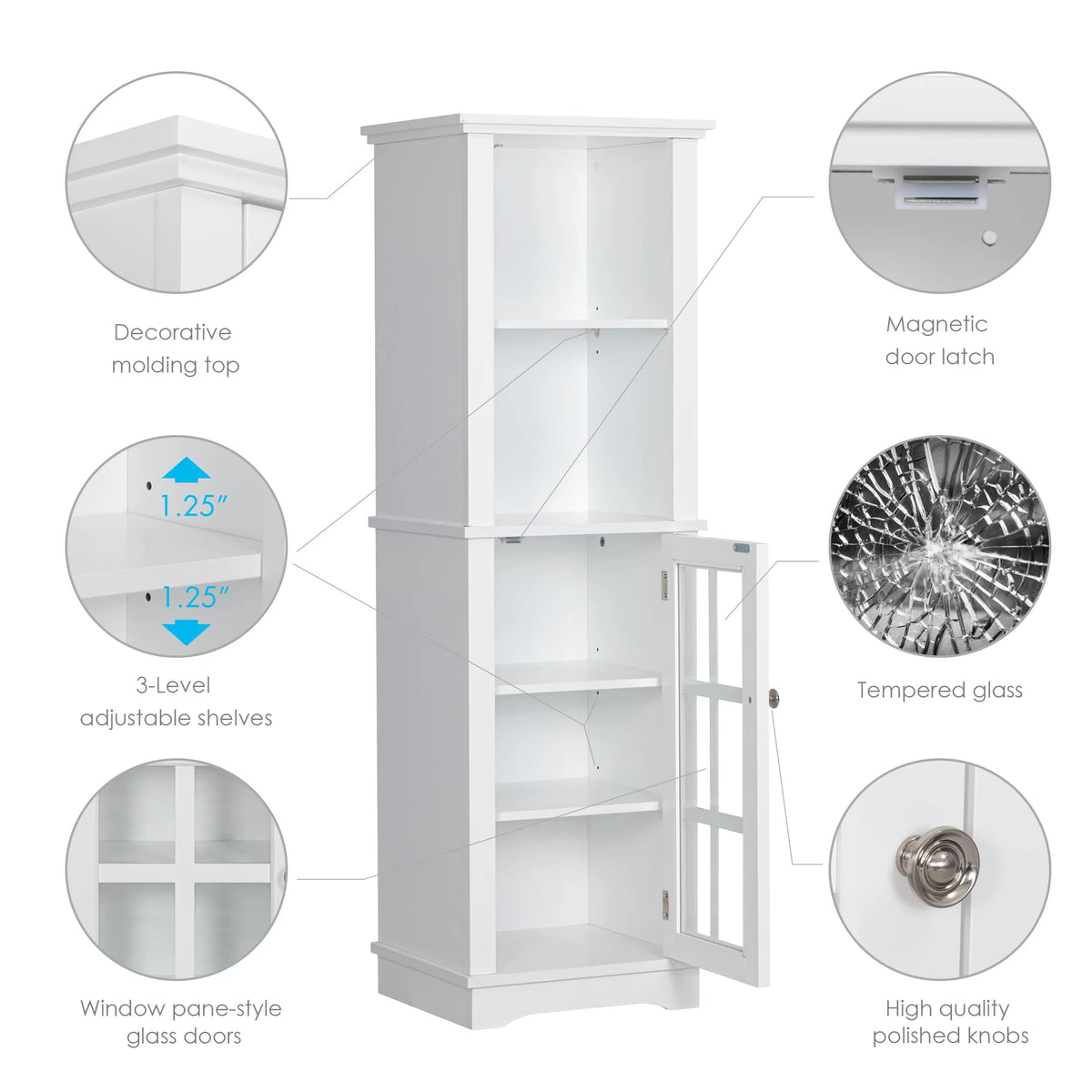 White Tall Narrow Storage Cabinet with Glass Doors E6706