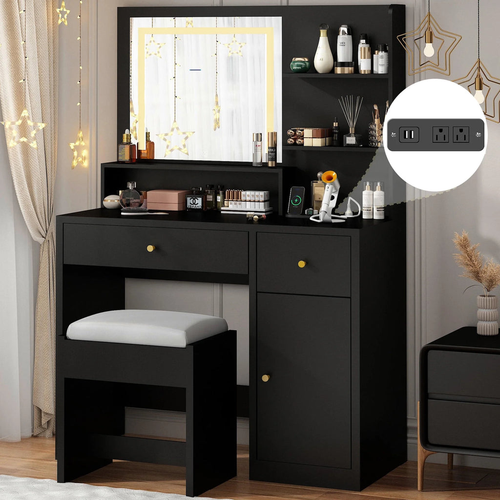 Black Vanity Desk Set with LED Light Mirror and Stool Z899965
