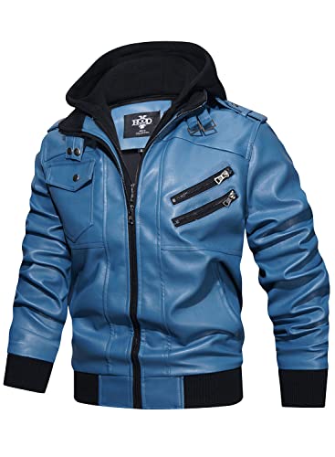 Stand Collar Faux Leather Zip-Up Bomber Jacket with Removable Hood P8827