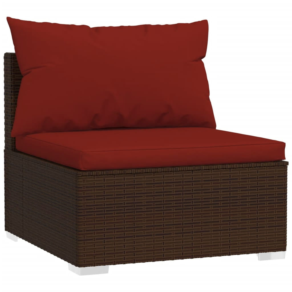 6 Piece Poly Rattan Brown Outdoor Sectional Sofa Set with Red Cushions F892