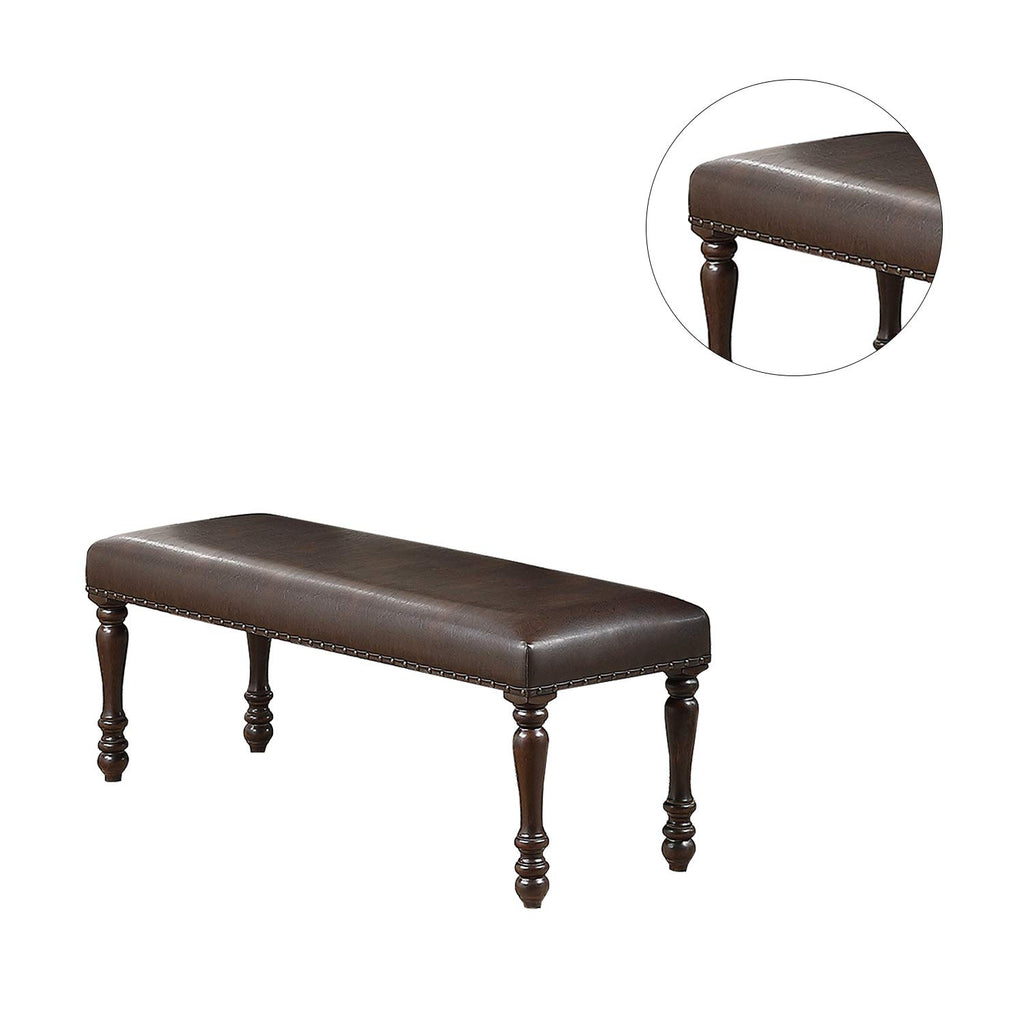 Cherry Finish Faux Leather 1X Bench Rubber Wood Foam Cushion Carved Legs W544