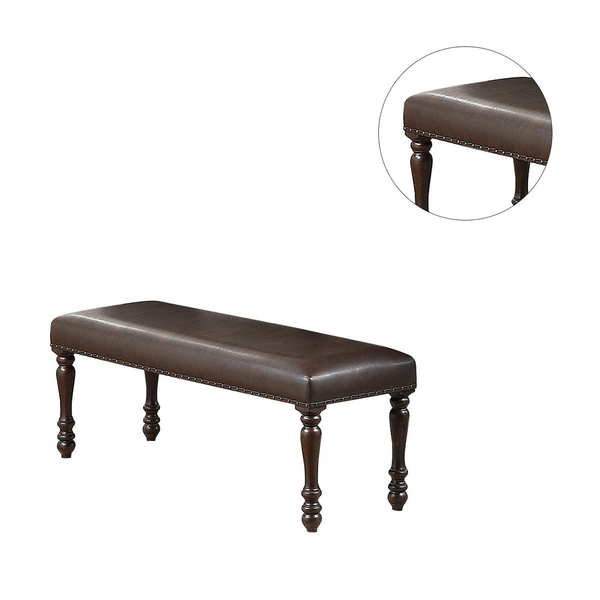 Cherry Finish Faux Leather 1X Bench Rubber Wood Foam Cushion Carved Legs W544