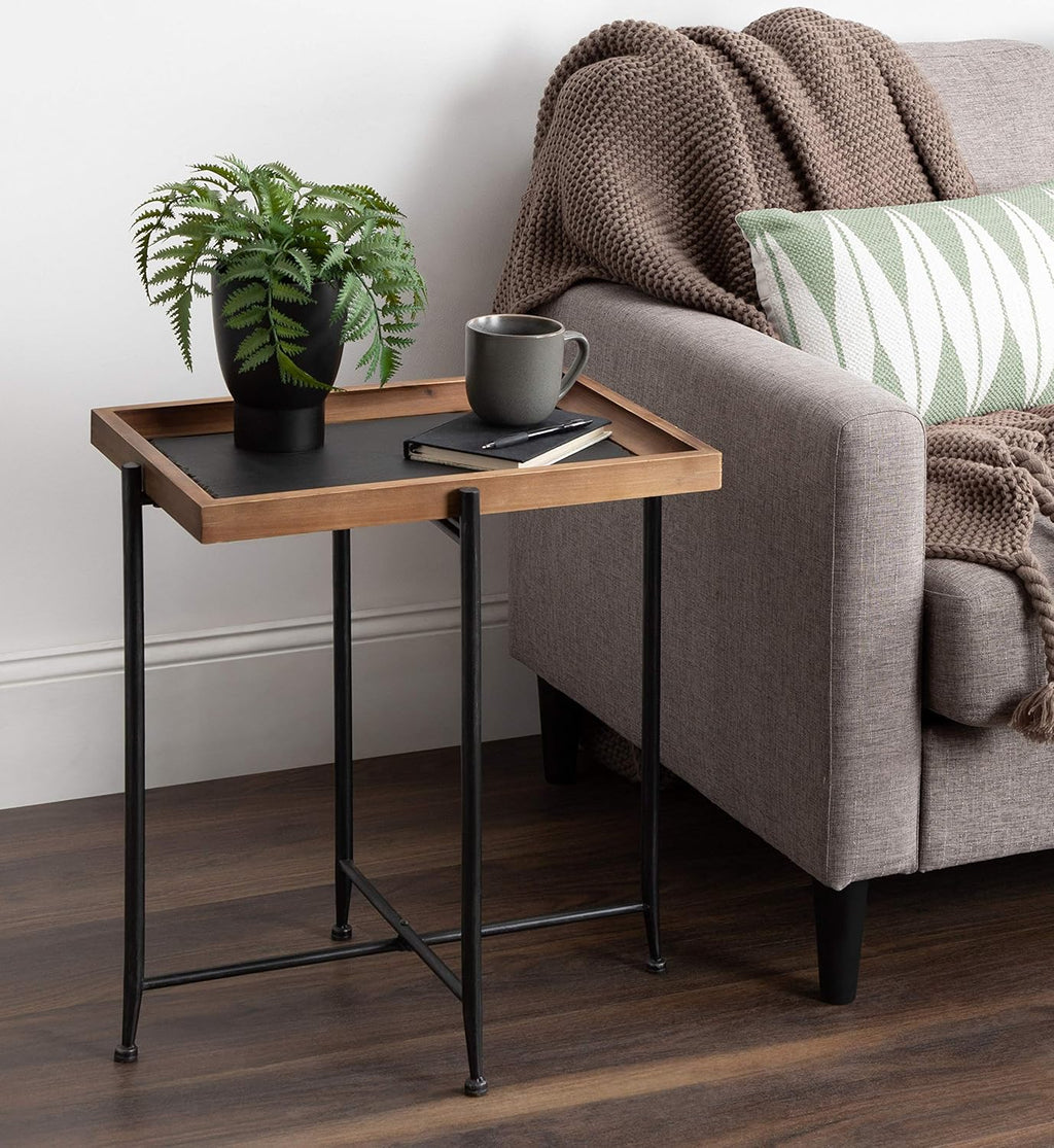 Rustic Brown Wood and Slate Side Accent Table with Black Iron Metal Base L9400