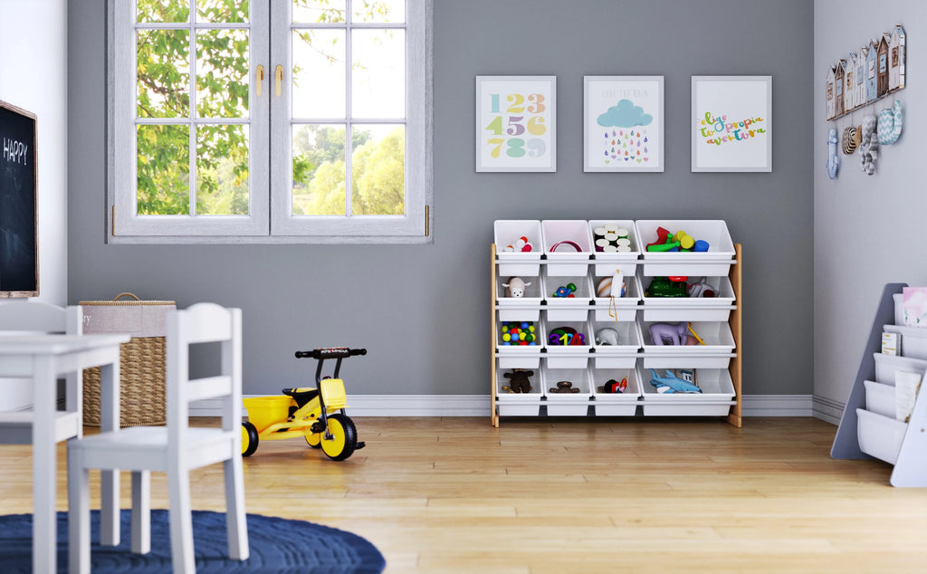 Kids Wood Toy Storage Organizer with 16 White Plastic Bins V394