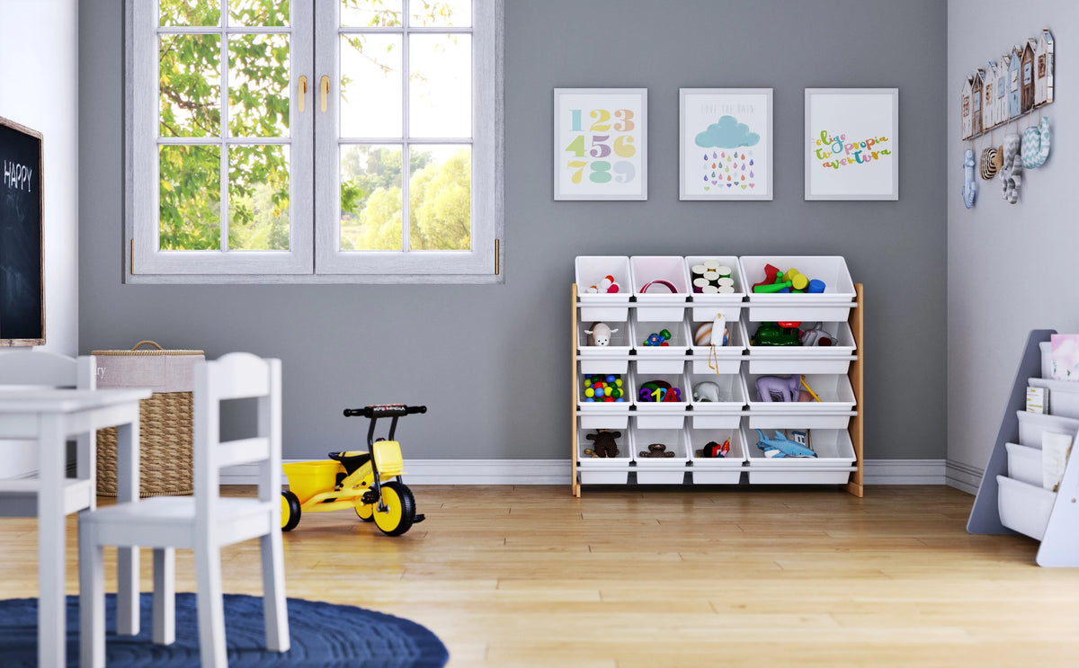 Kids Wood Toy Storage Organizer with 16 White Plastic Bins V394