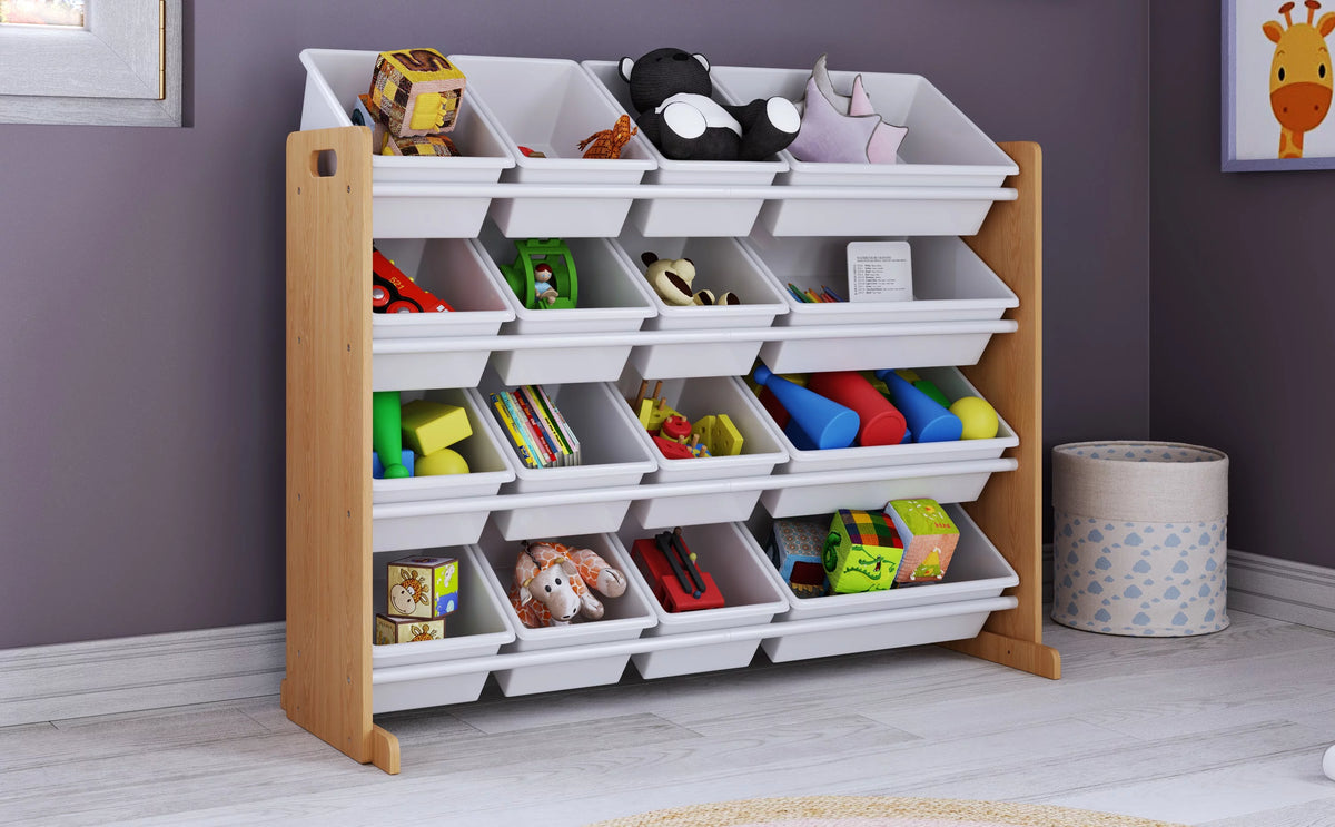 Kids Wood Toy Storage Organizer with 16 White Plastic Bins V394