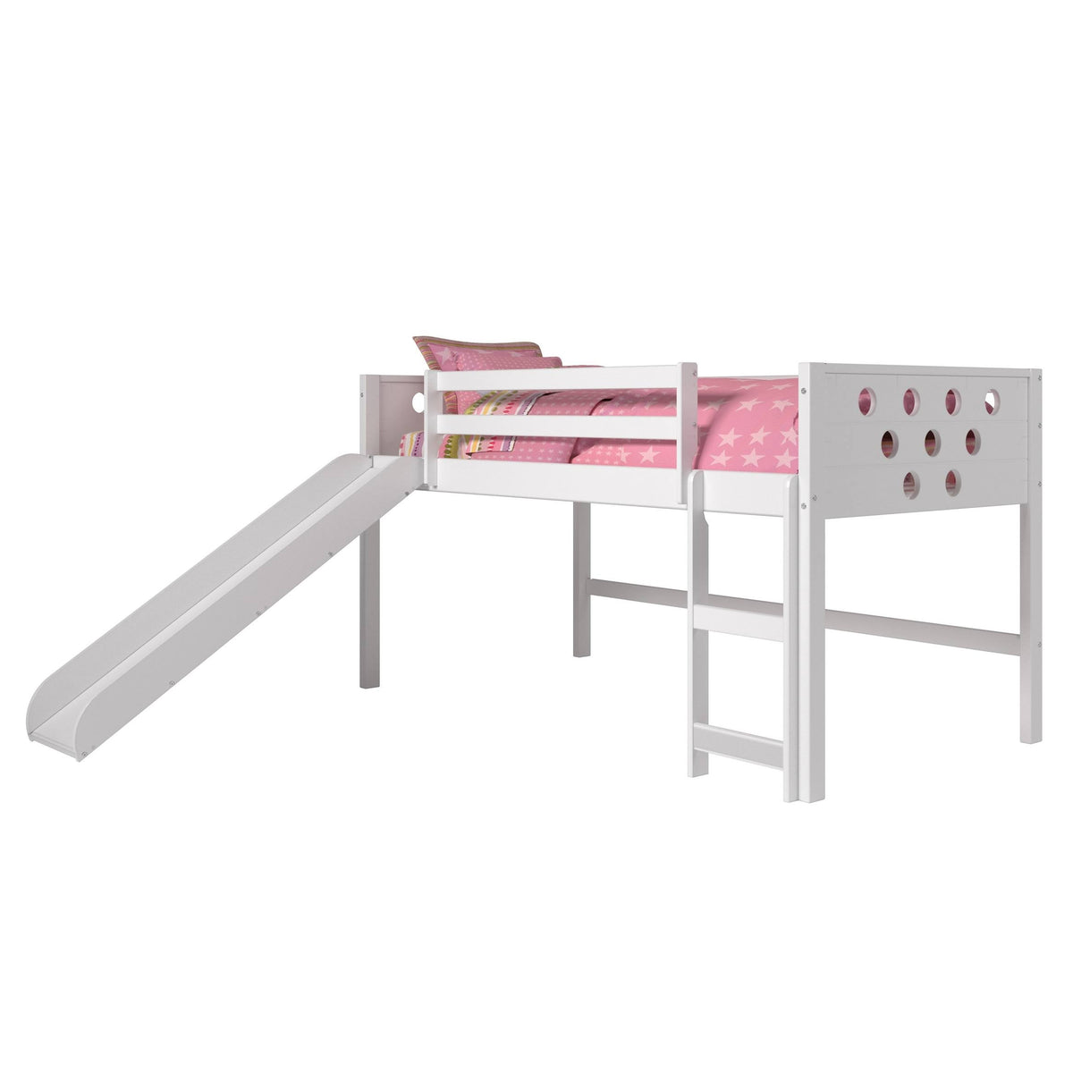 White Twin Circles Low Loft Bed with Slide and Camo Tent Kit T870