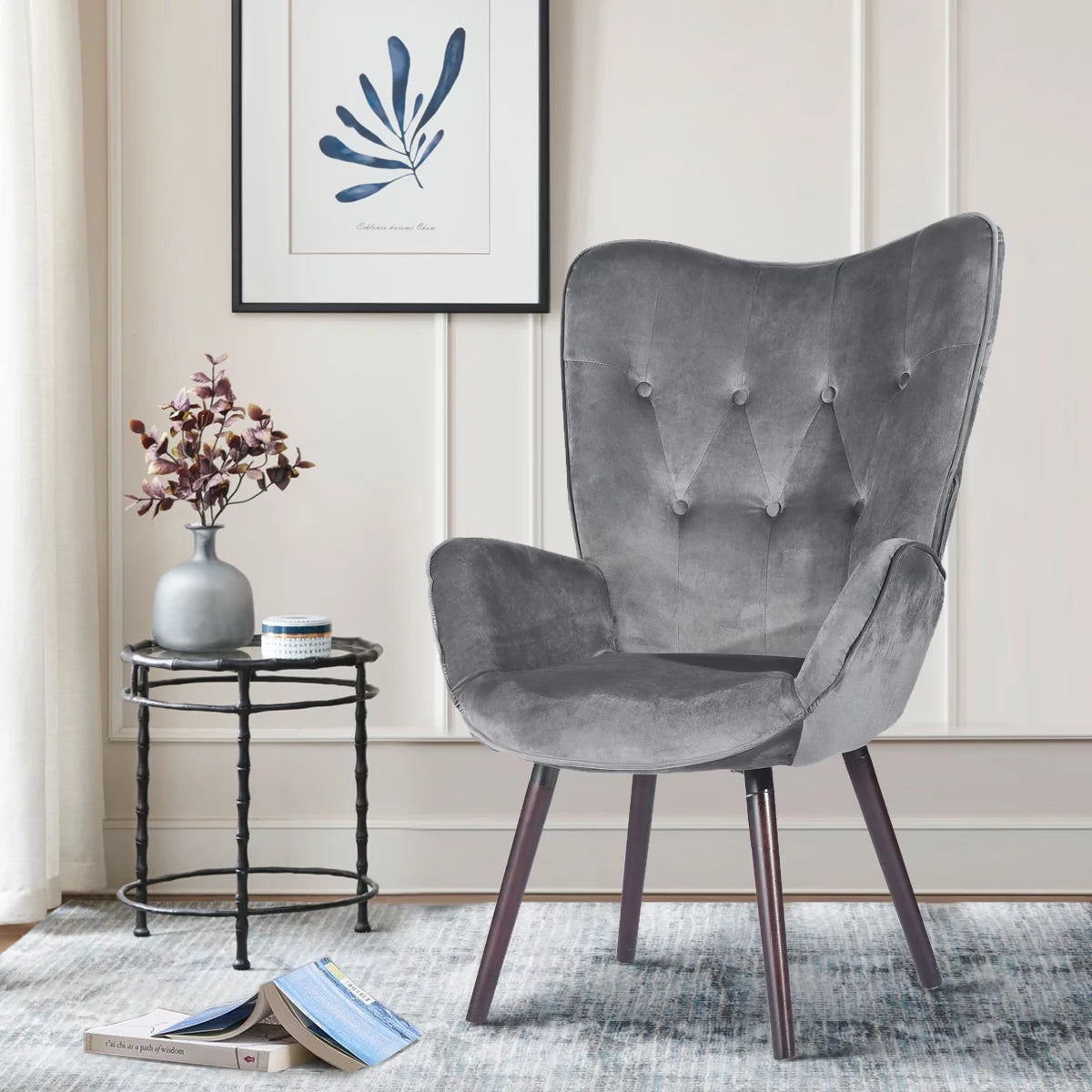Gray Velvet Tufted Wing Back Accent Chair U12833