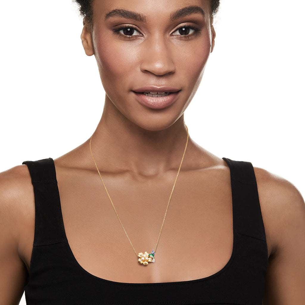Cultured Pearl and Diamond Hummingbird and Flower Necklace With Enamel in 18kt Gold Over Sterling A332180