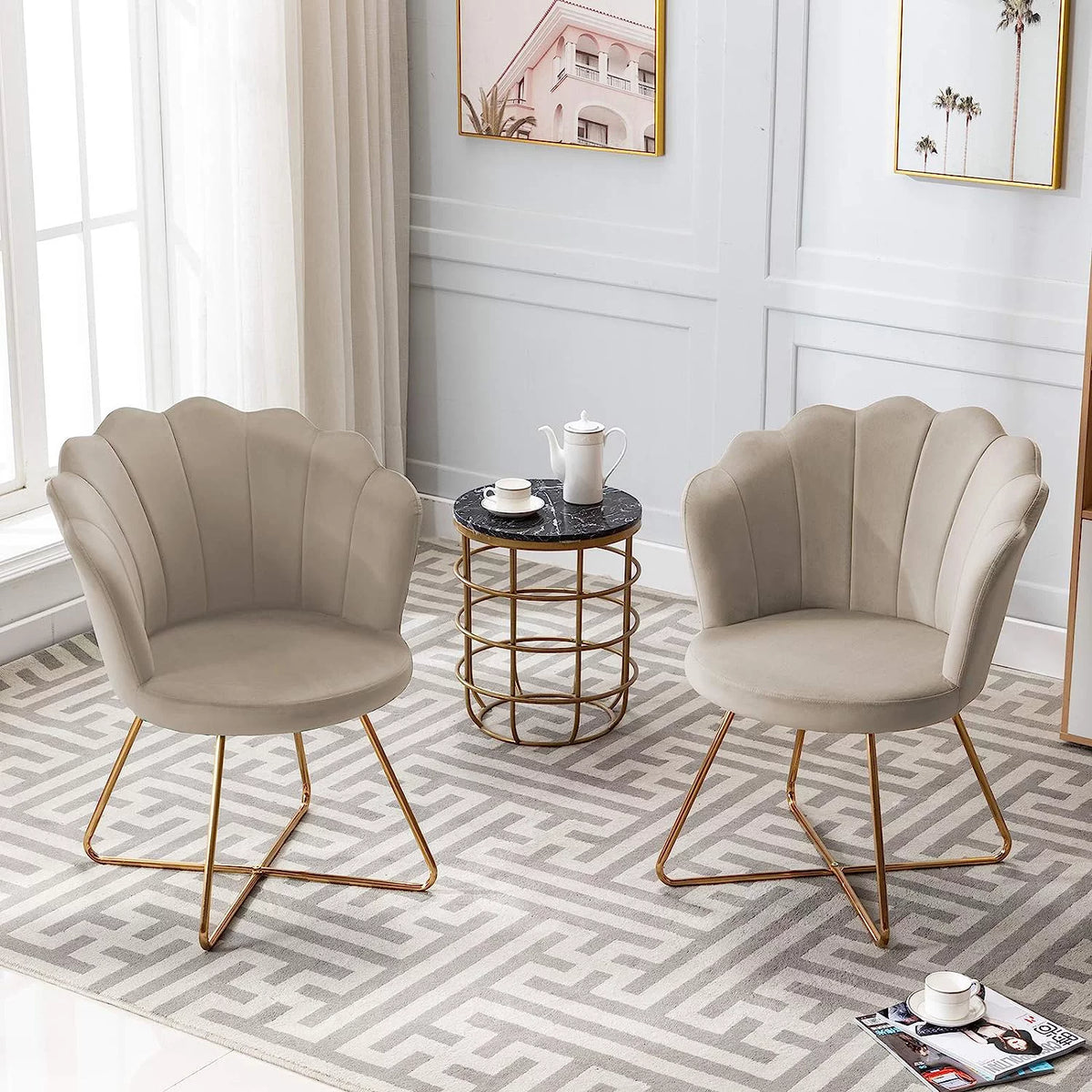 Khaki Velvet Accent Chair with Back and Gold Metal Legs I501576