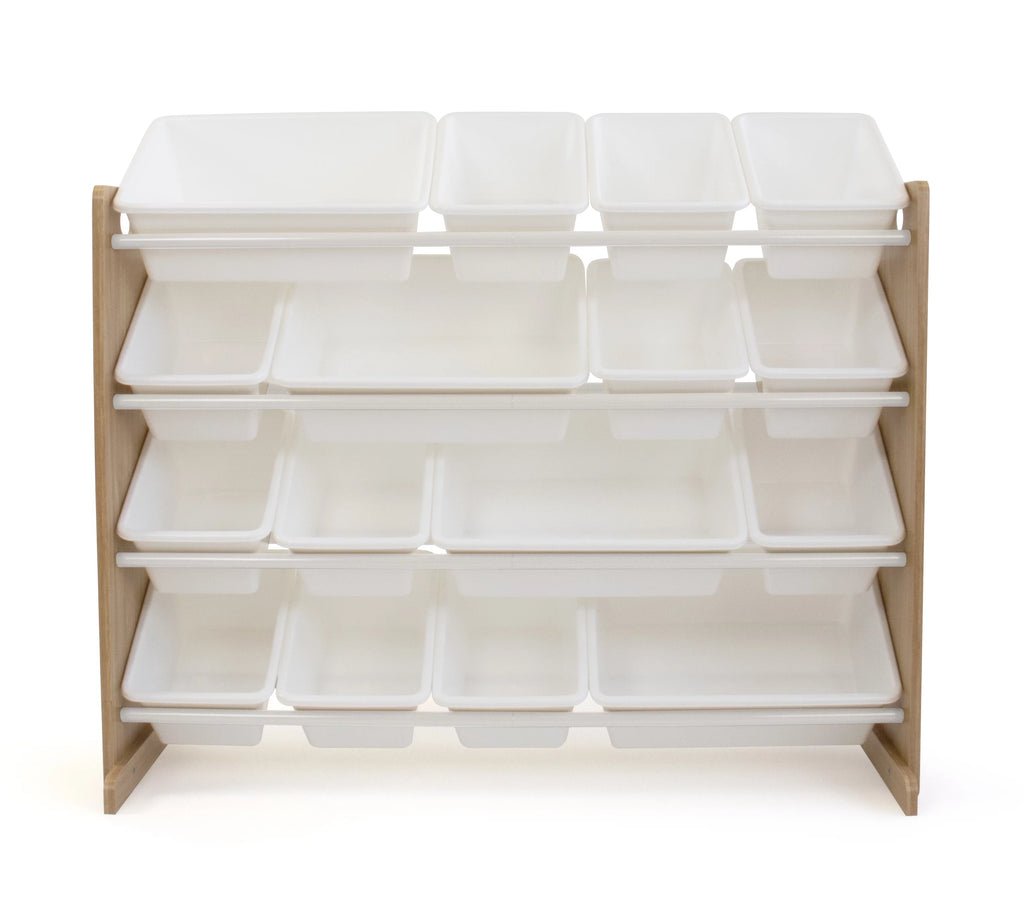 Kids Wood Toy Storage Organizer with 16 White Plastic Bins V394