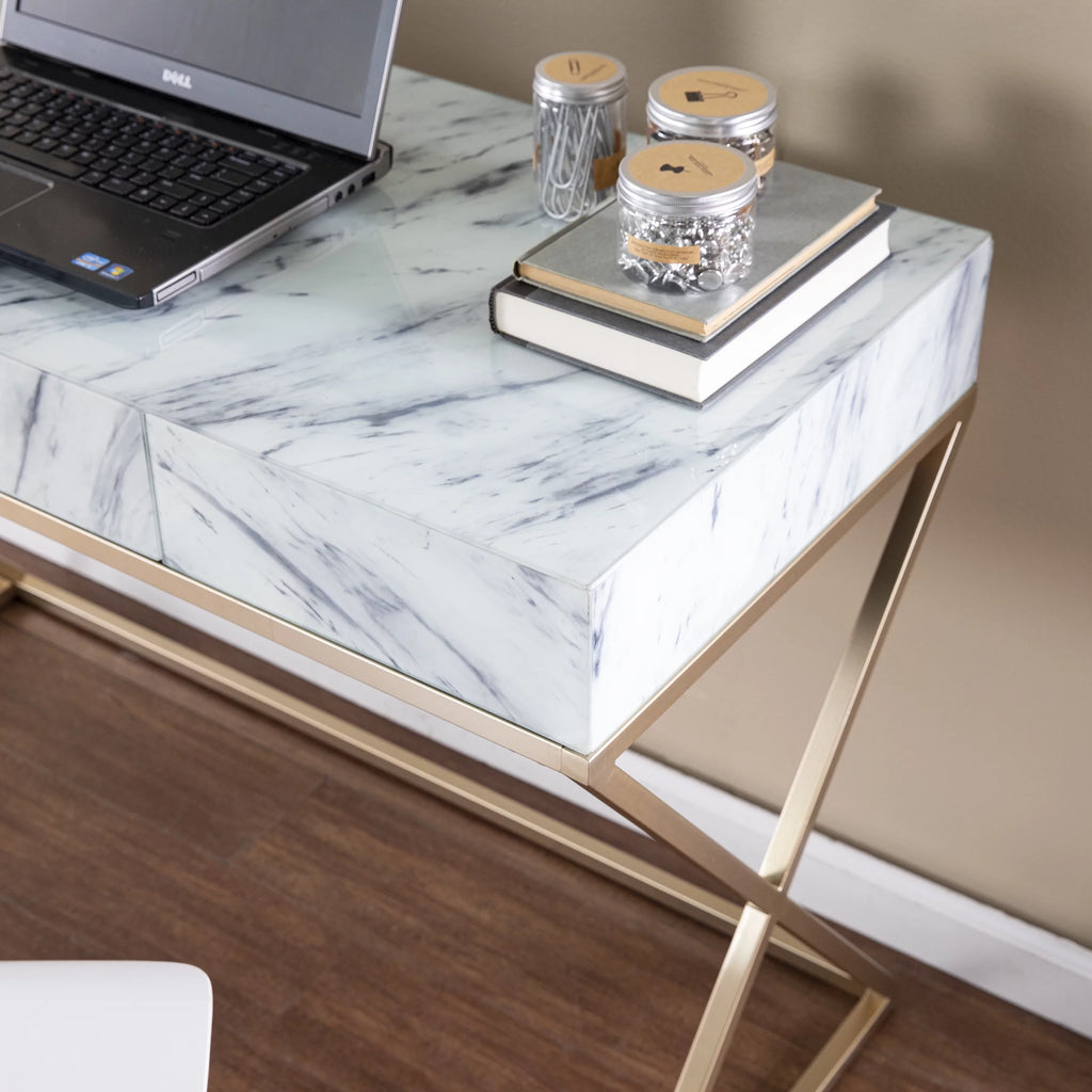Gold Faux Marble Writing Desk with Storage H2261
