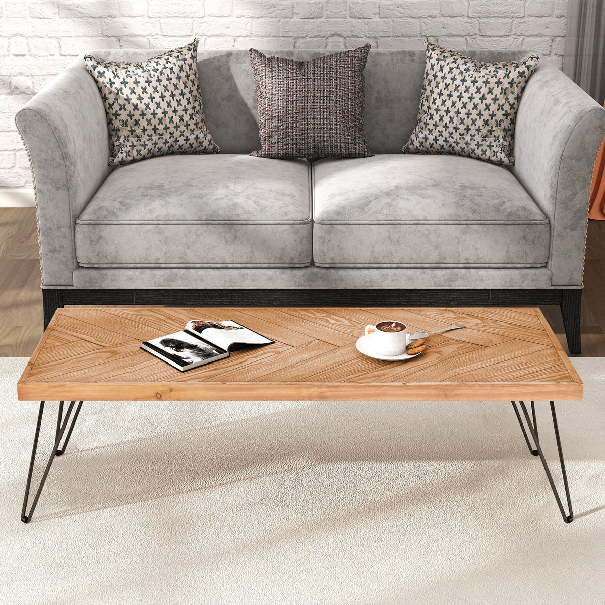 Modern Coffee Table with Chevron Pattern and Metal Hairpin Legs C59563