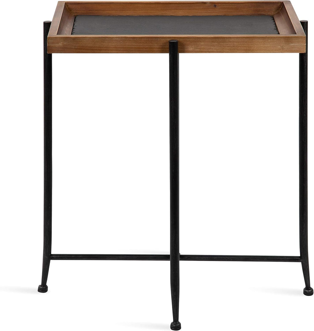 Rustic Brown Wood and Slate Side Accent Table with Black Iron Metal Base L9400